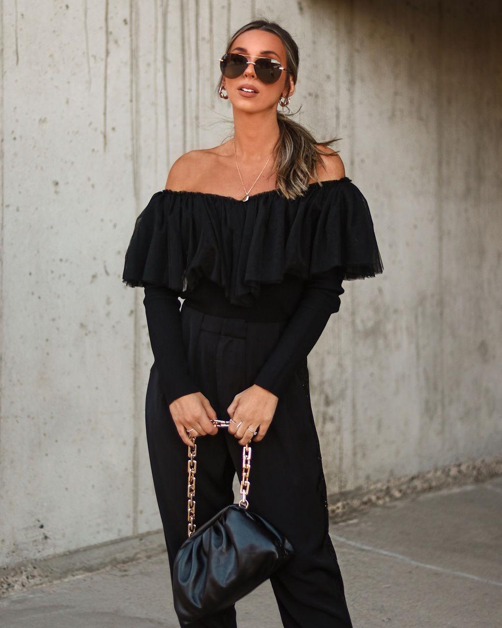 Picture Perfect Glam Ribbed Knit Ruffle Tulle Top - Black