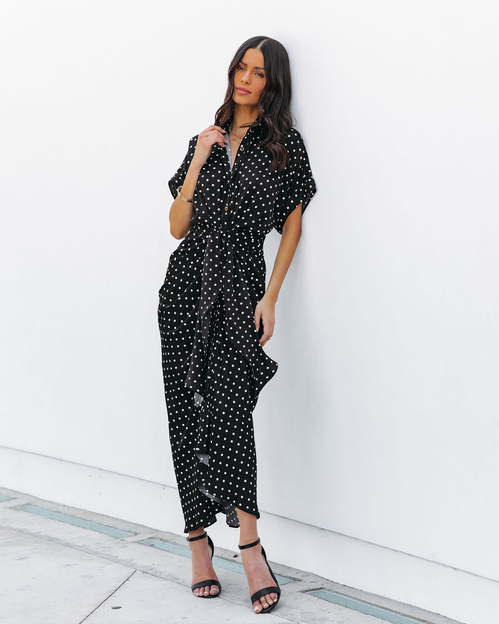 Aurielle Polka Dot Tie Front Midi Shirt Dress - Black - FINAL SALE