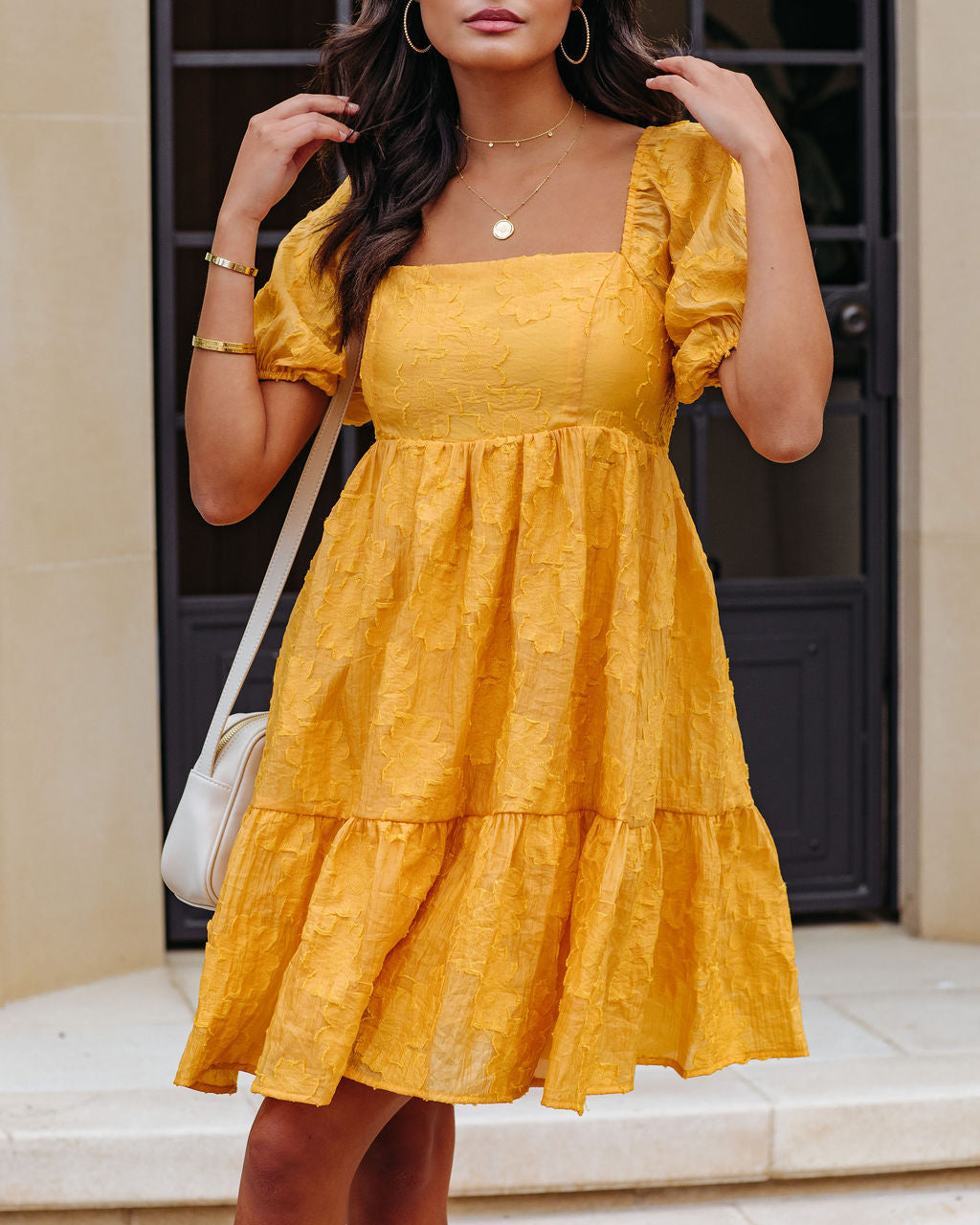 Picking Daisies Puff Sleeve Babydoll Mini Dress - Mustard Yellow - SALE