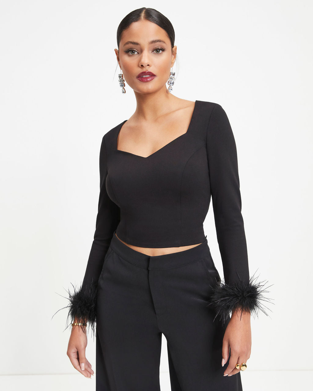 New Lover Feather Trim Long Sleeve Top - Black