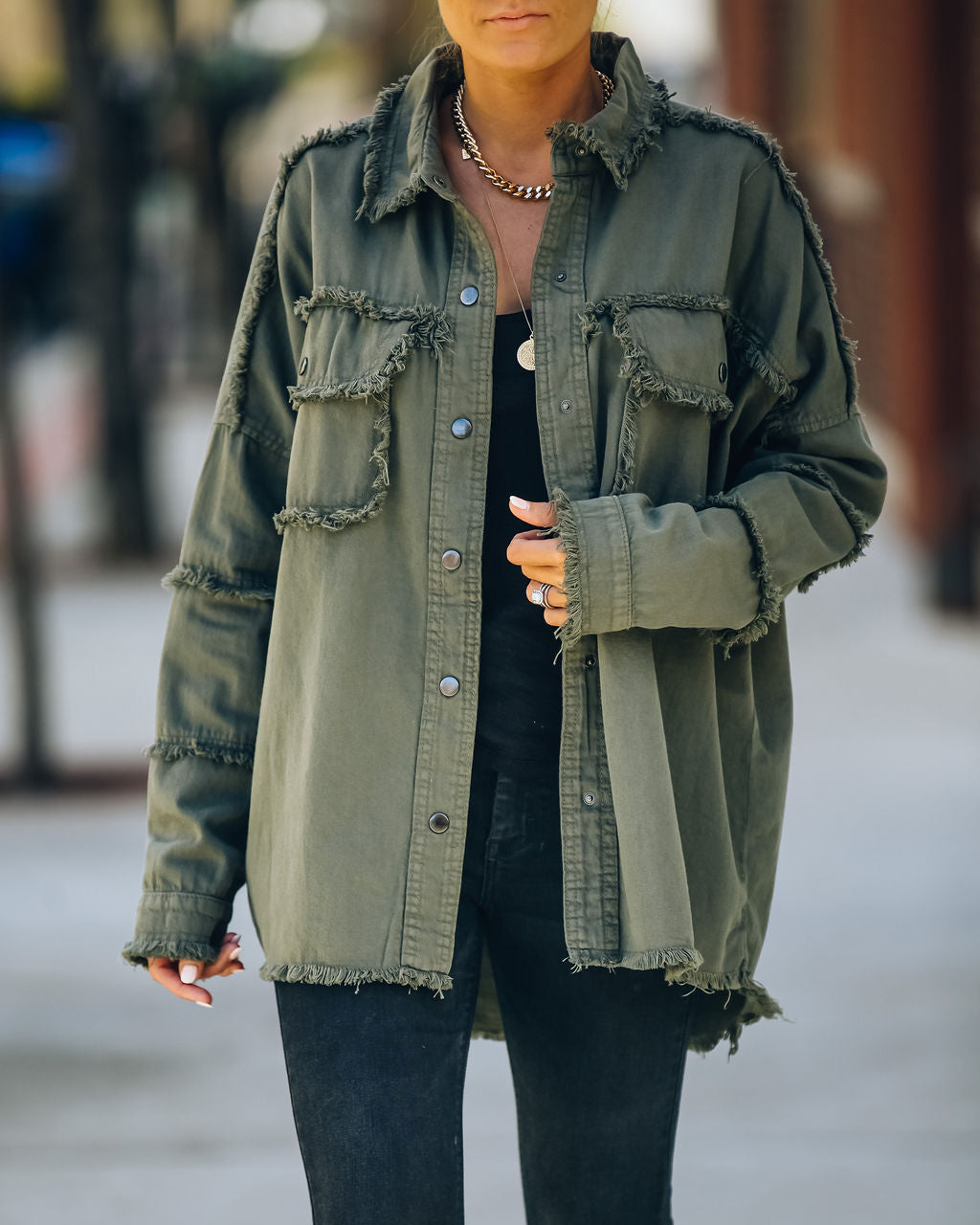 Cotton Rock & Roll Frayed Utility Jacket - Olive