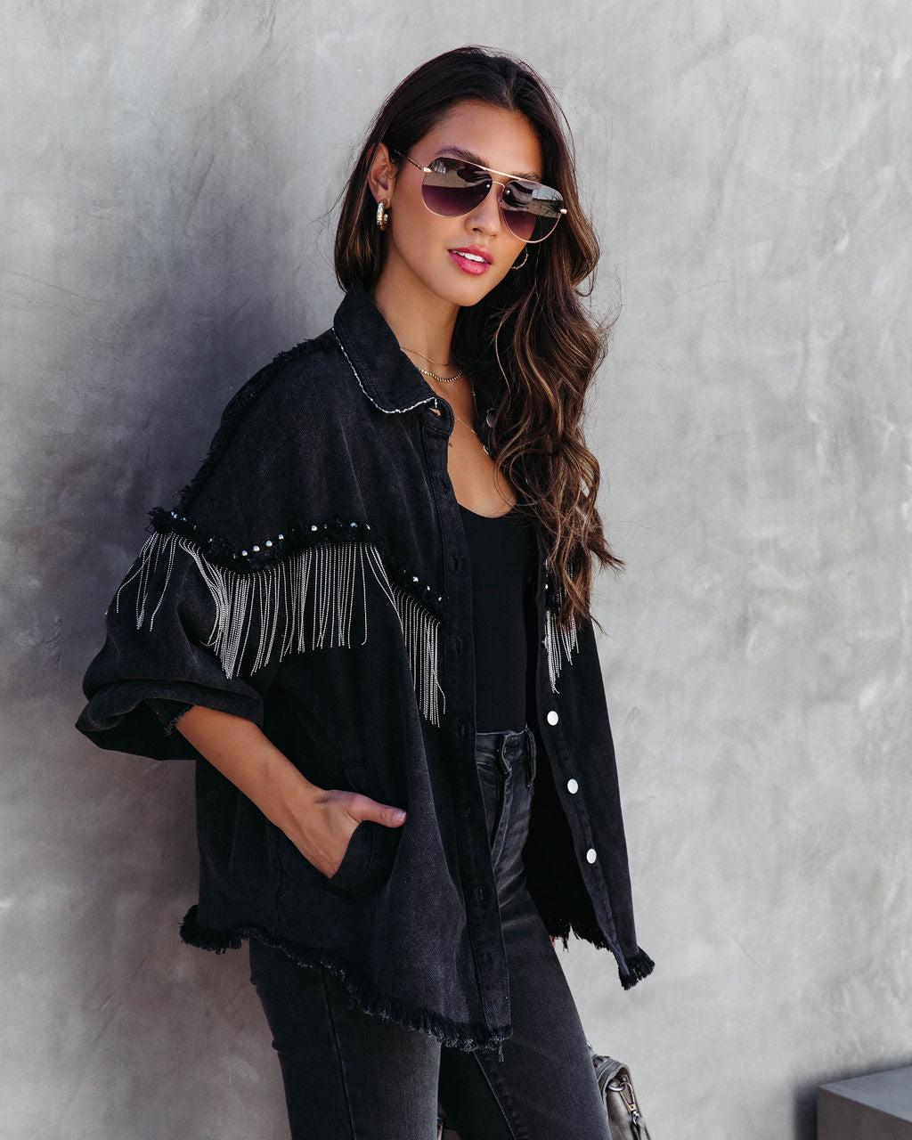 Knightly Pocketed Studded Fringe Lightweight Jacket - Black