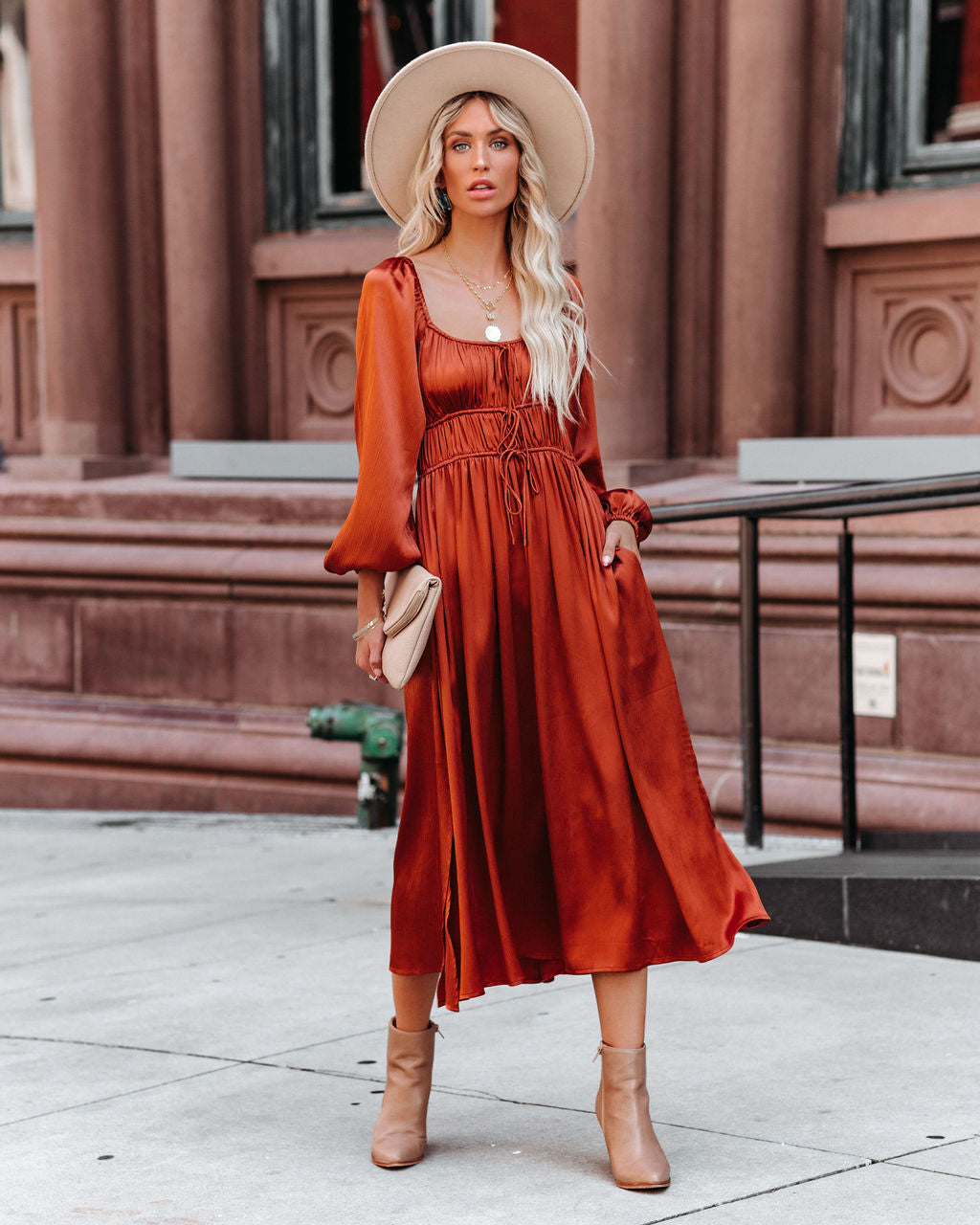 Pines Satin Pocketed Drawstring Midi Dress