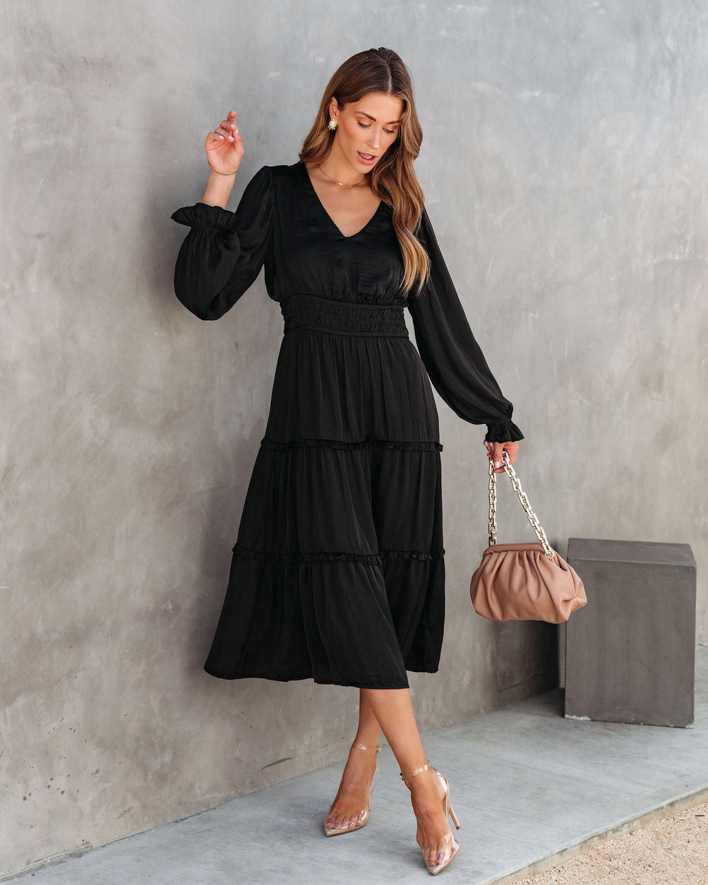 Monique Tiered Midi Dress - Black