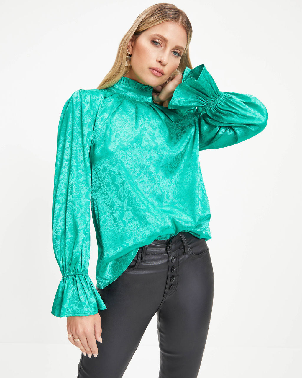 Counting Blessings Floral Mock Neck Ruffle Top - Emerald