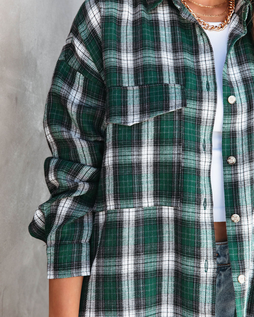 Evergreen Plaid Button Down Top