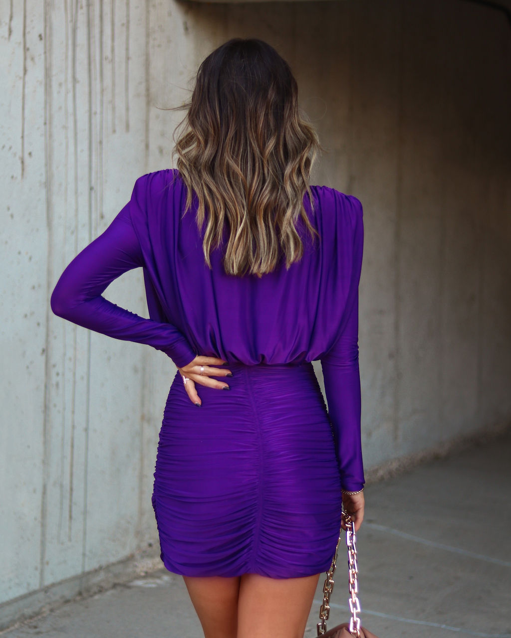 Chance To Dance Padded Shoulder Ruched Mini Dress - Plum