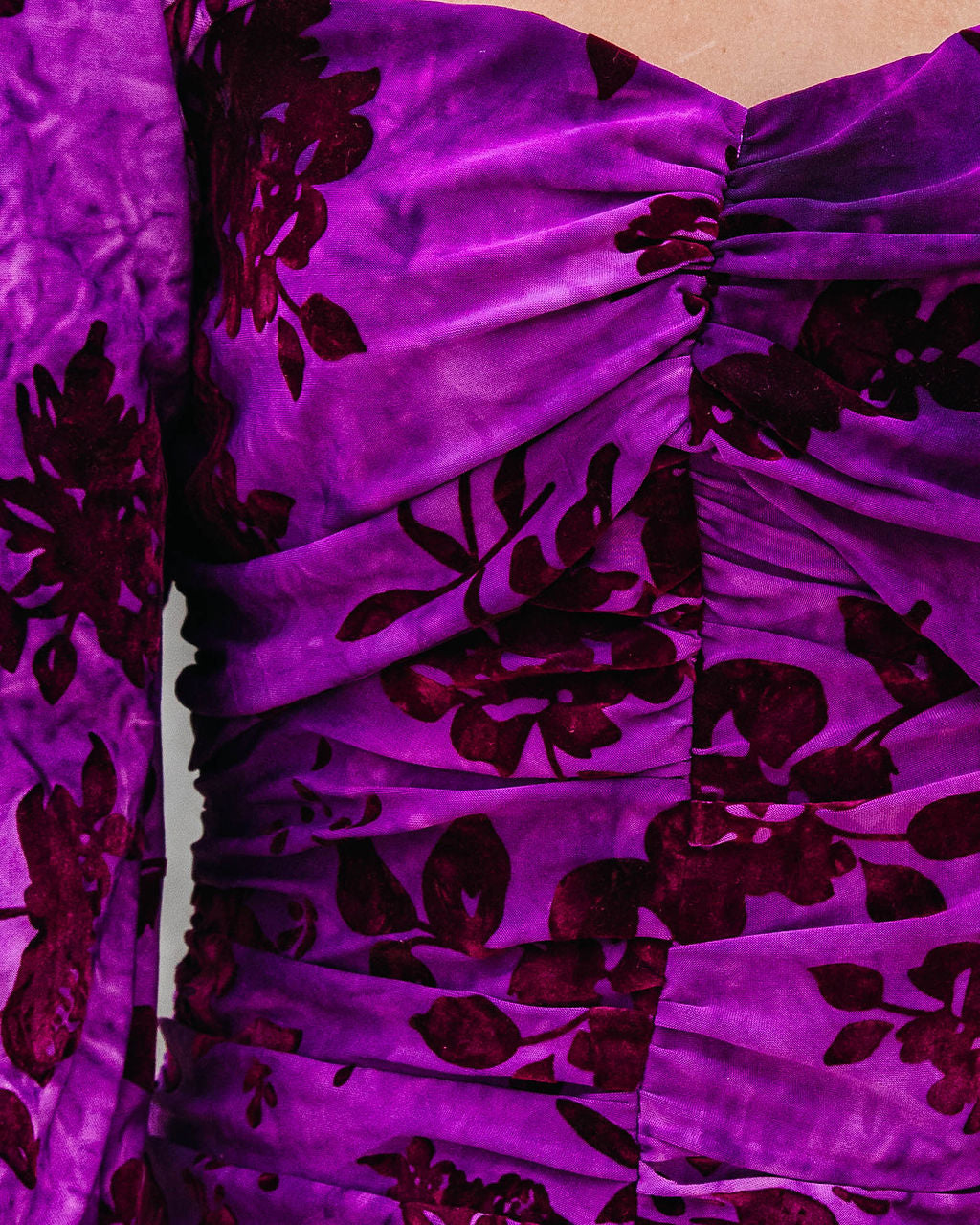 Cheers To Me Ruched Floral Velvet Midi Dress - Purple