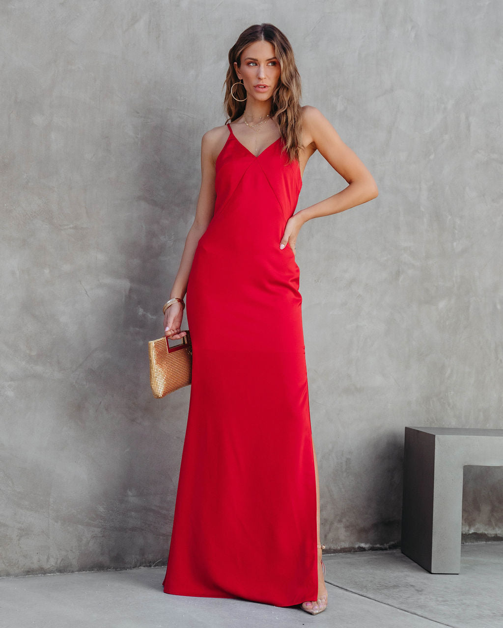 Evianna Satin Slit Maxi Dress - Red