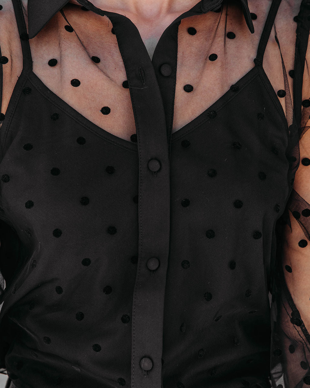 Bonjour Mon Amour Tulle Polka Dot Button Down Top - Black