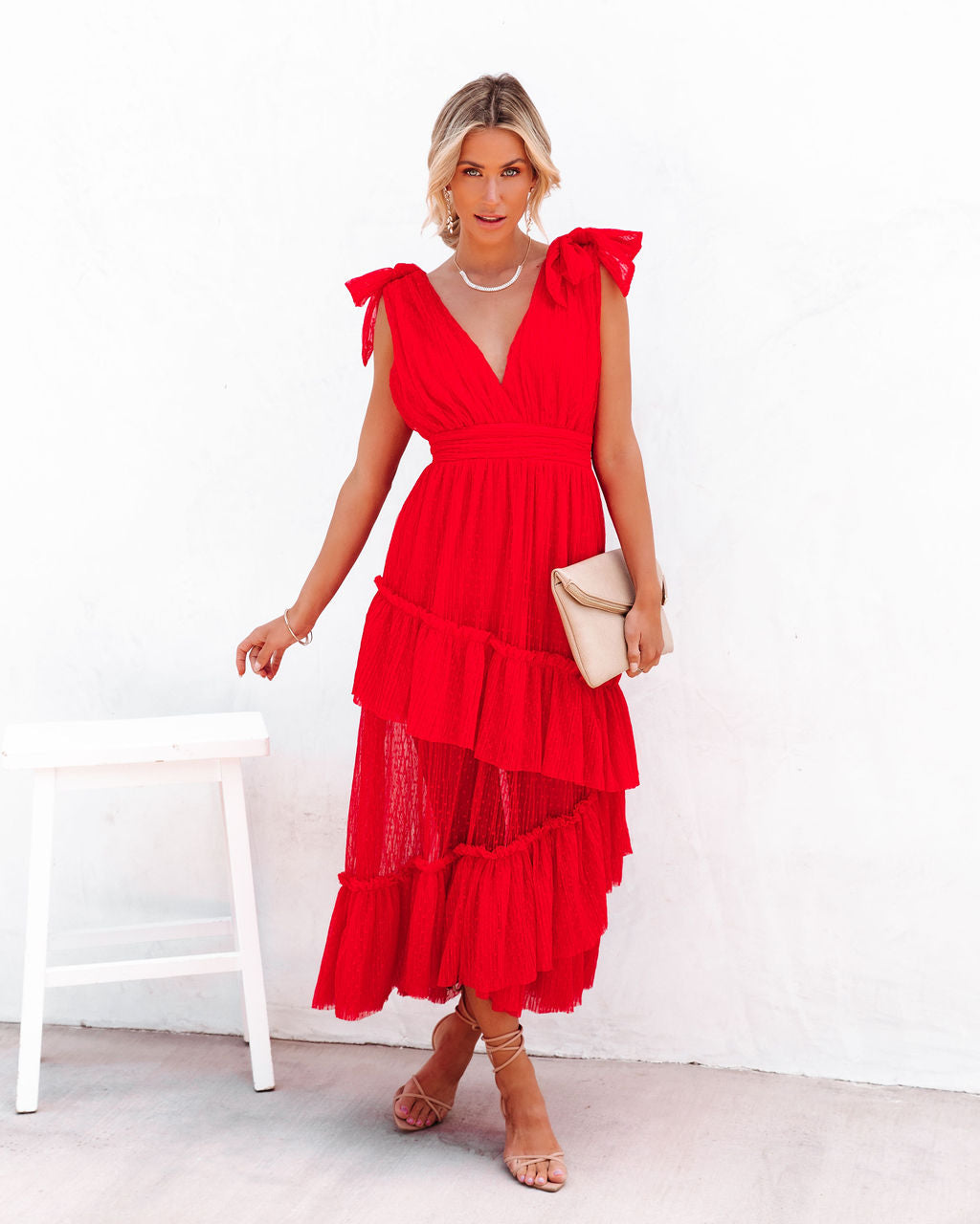 Carrie In Paris Tiered Tulle Midi Dress - Red