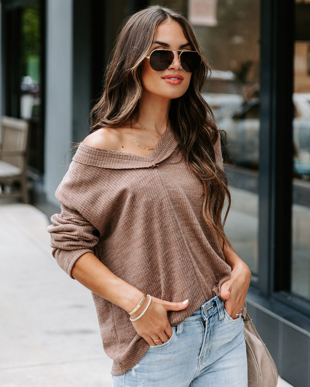 Touch Of Fall Oversized Ribbed Long Sleeve Top - Cocoa
