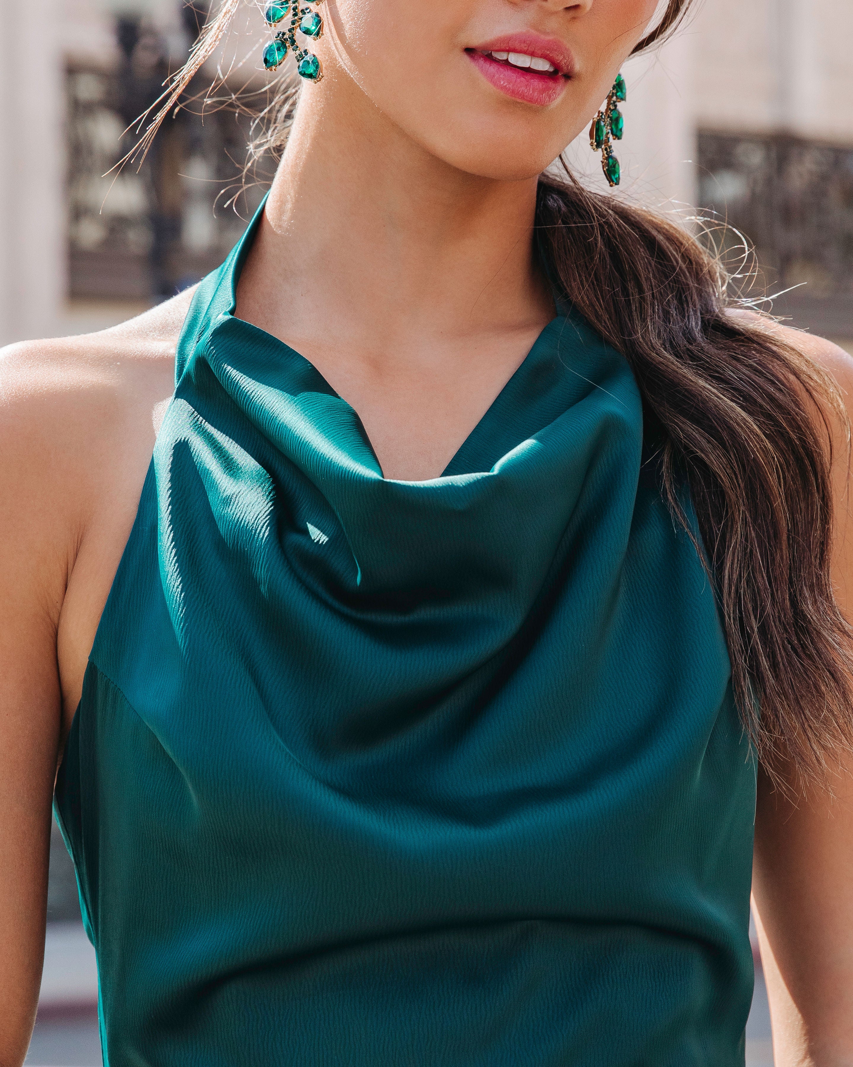 Kendra Satin Halter Cowl Neck Asymmetrical Midi Dress - Hunter Green