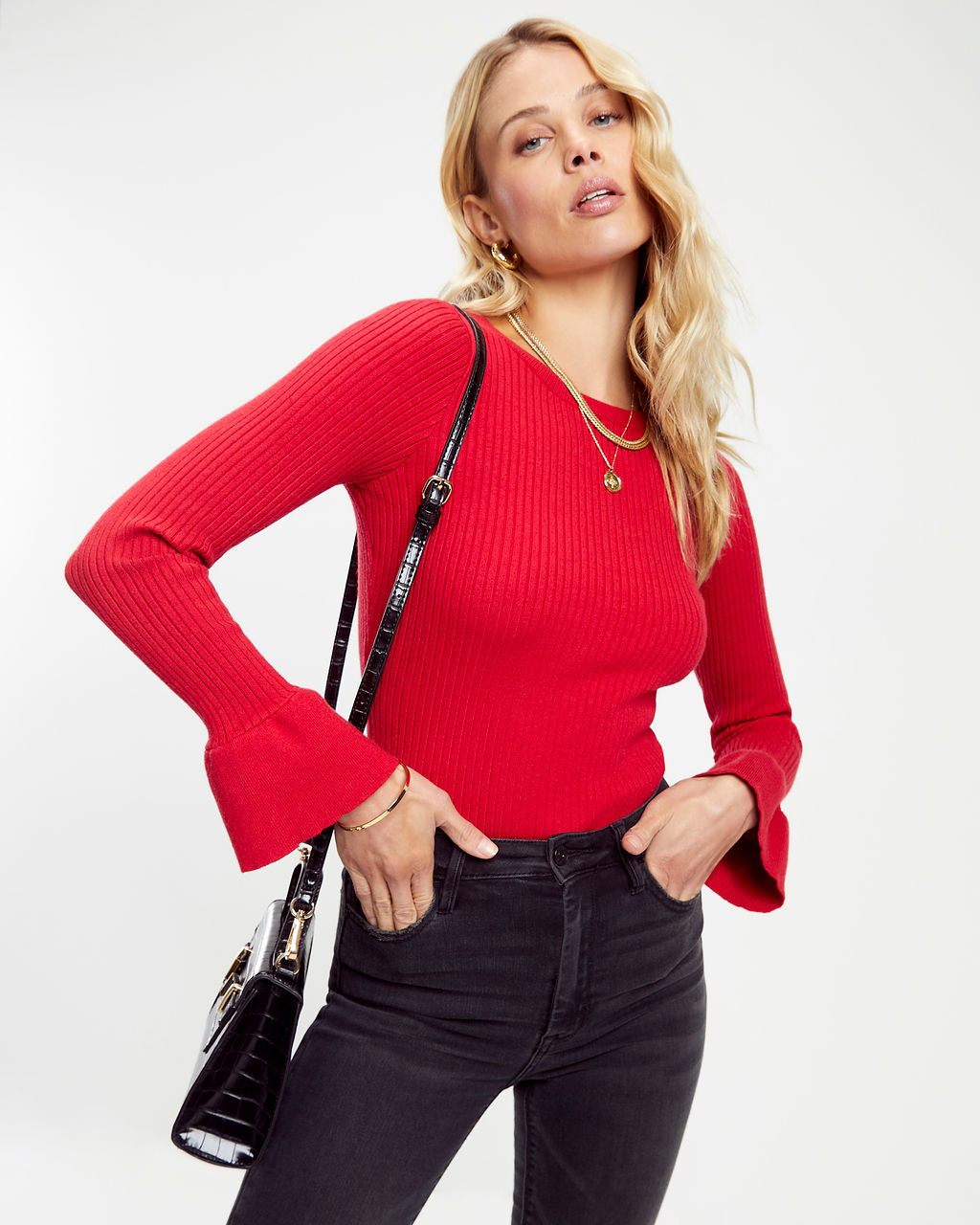 Esen Ribbed Bell Sleeve Knit Sweater - Red - SALE