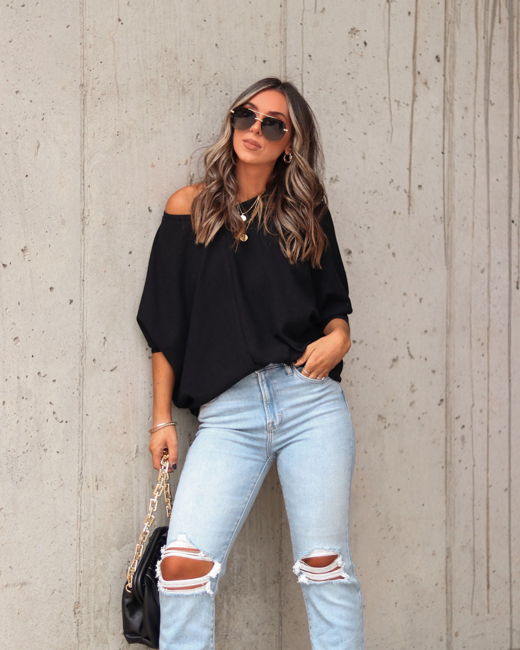 Fitch Waffle Knit Dolman Long Sleeve Top - Black