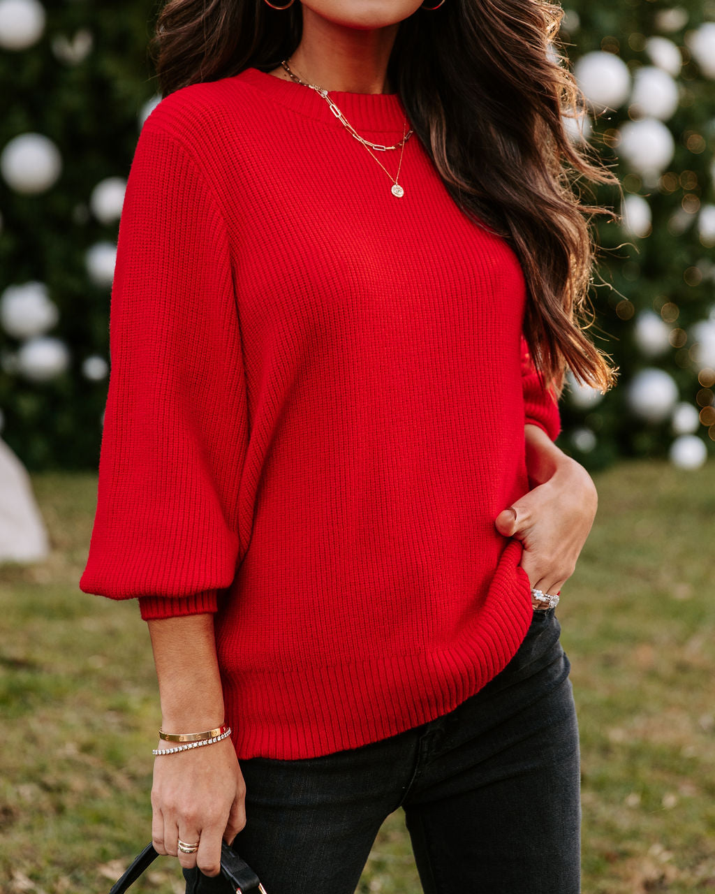 Baby It'S You Knit Balloon Sleeve Pullover Sweater - Red