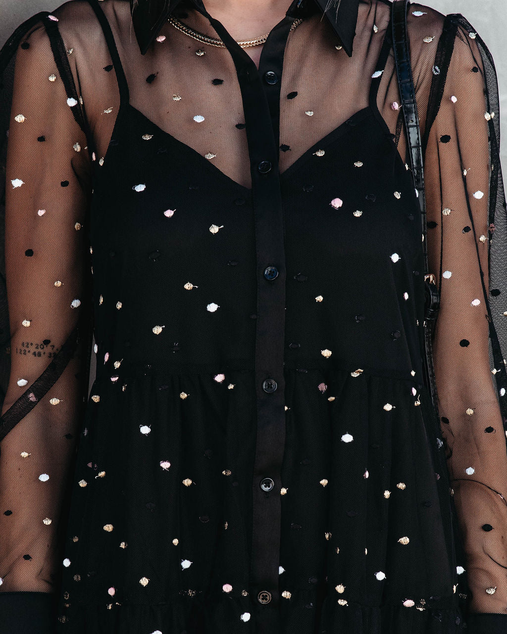 Joaquin Embroidered Mesh Tiered Maxi Dress - Black