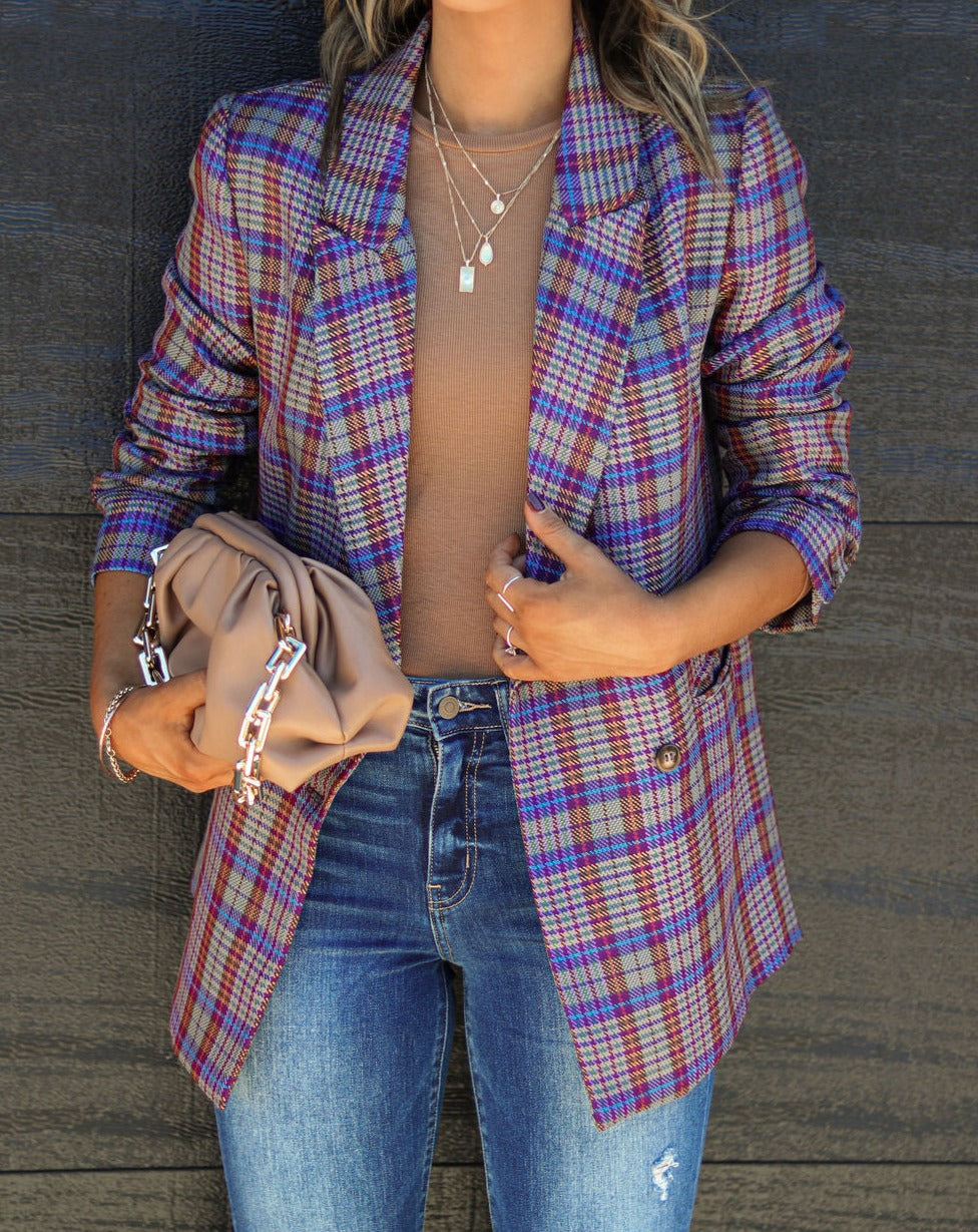 Front And Center Plaid Pocketed Blazer