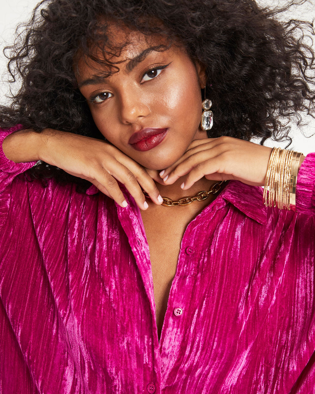 Avalina Textured Velvet Button Down Shirt Dress - Fuchsia