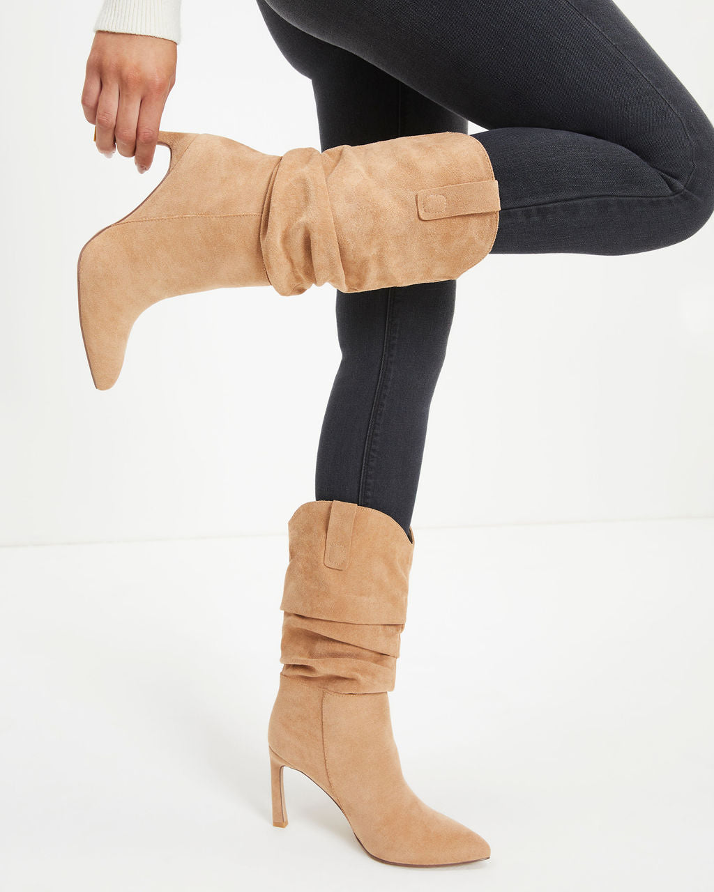 Goldie Faux Suede Heeled Slouch Boot - Almond
