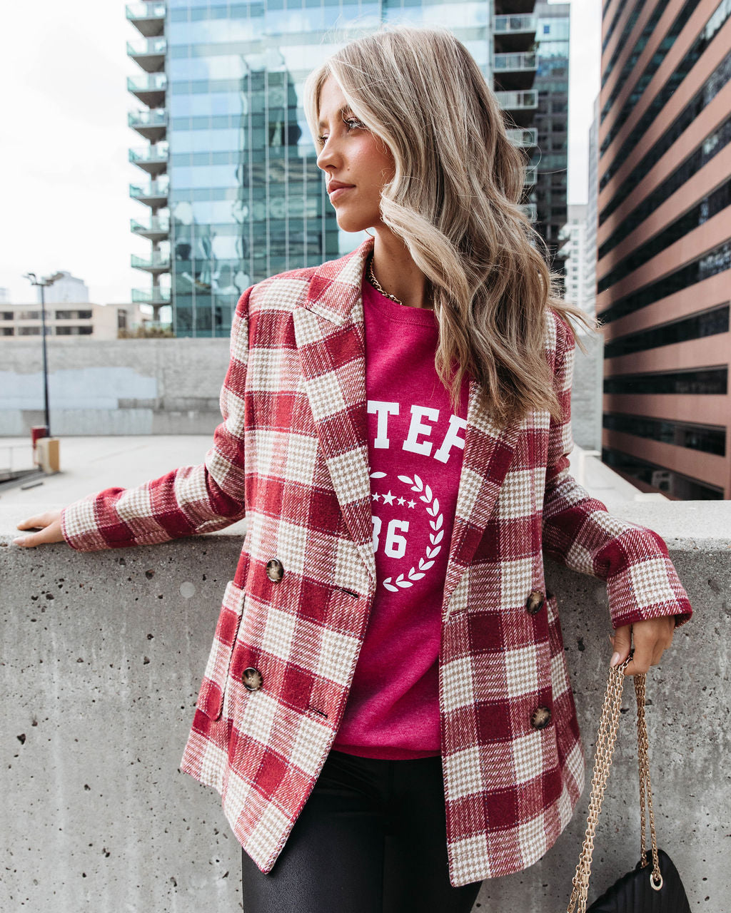 Peppermint Dreams Plaid Blazer - Burgundy