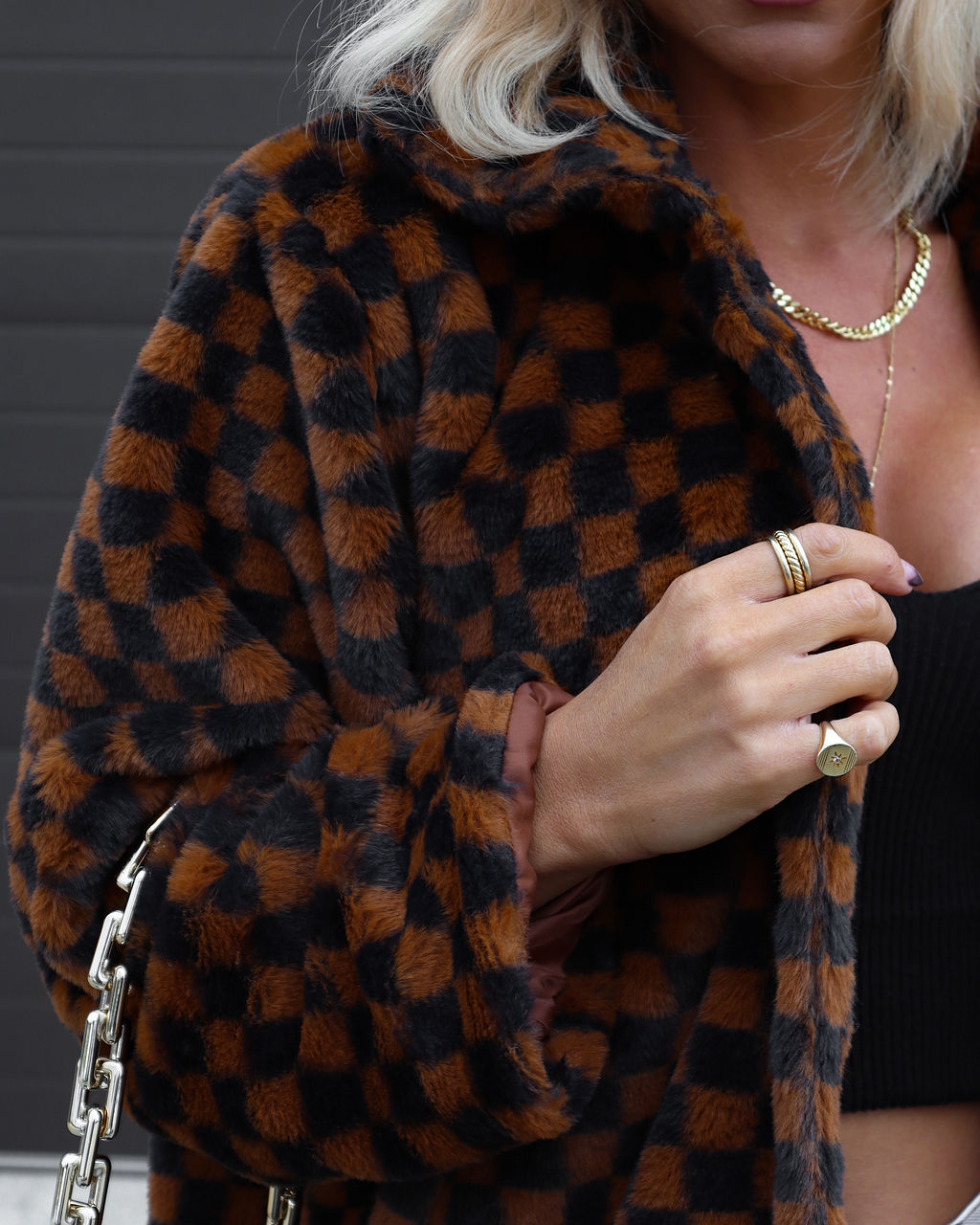 Completely Checked Out Pocketed Faux Fur Jacket