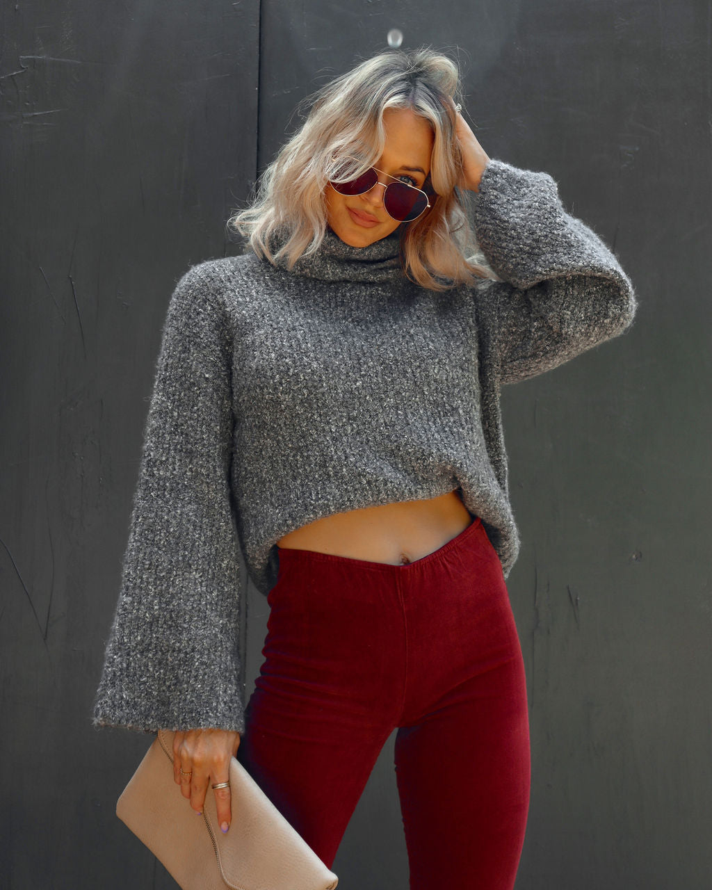 Warmest Wishes Knit Cowl Neck Bell Sleeve Sweater - Grey - SALE