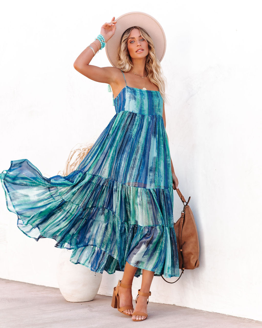 Waterdrop Tiered Shimmer Midi Dress - Blue Multi