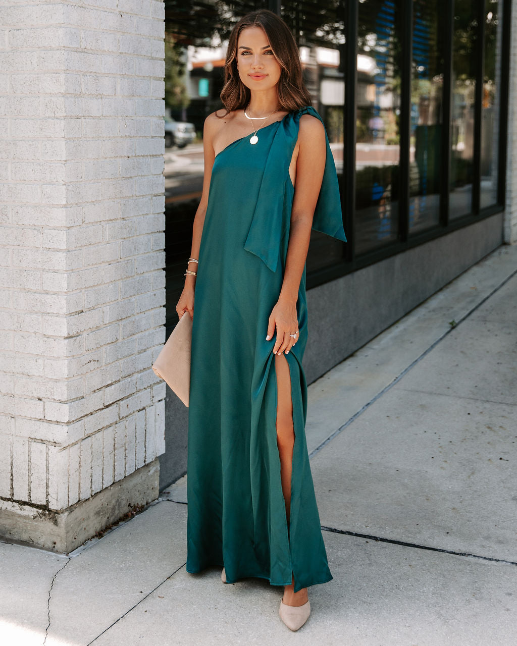 Invite Only Satin One Shoulder Maxi Dress - Dark Green