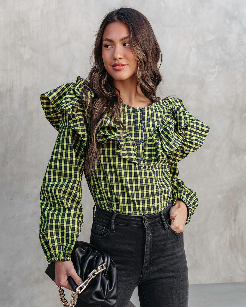 Clara Plaid Ruffle Long Sleeve Top - Yellow