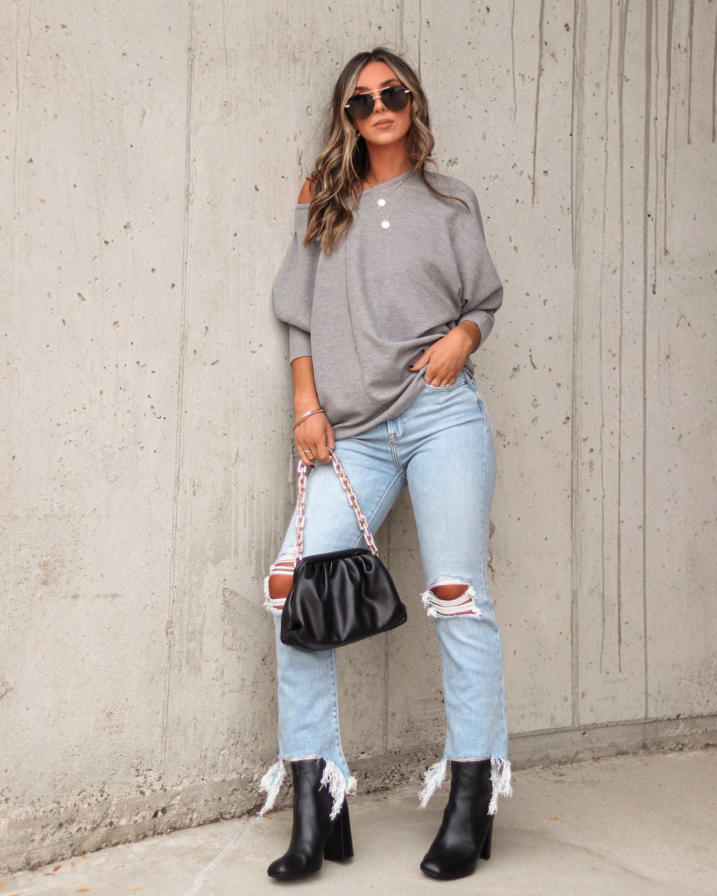 Fitch Waffle Knit Dolman Long Sleeve Top - Grey