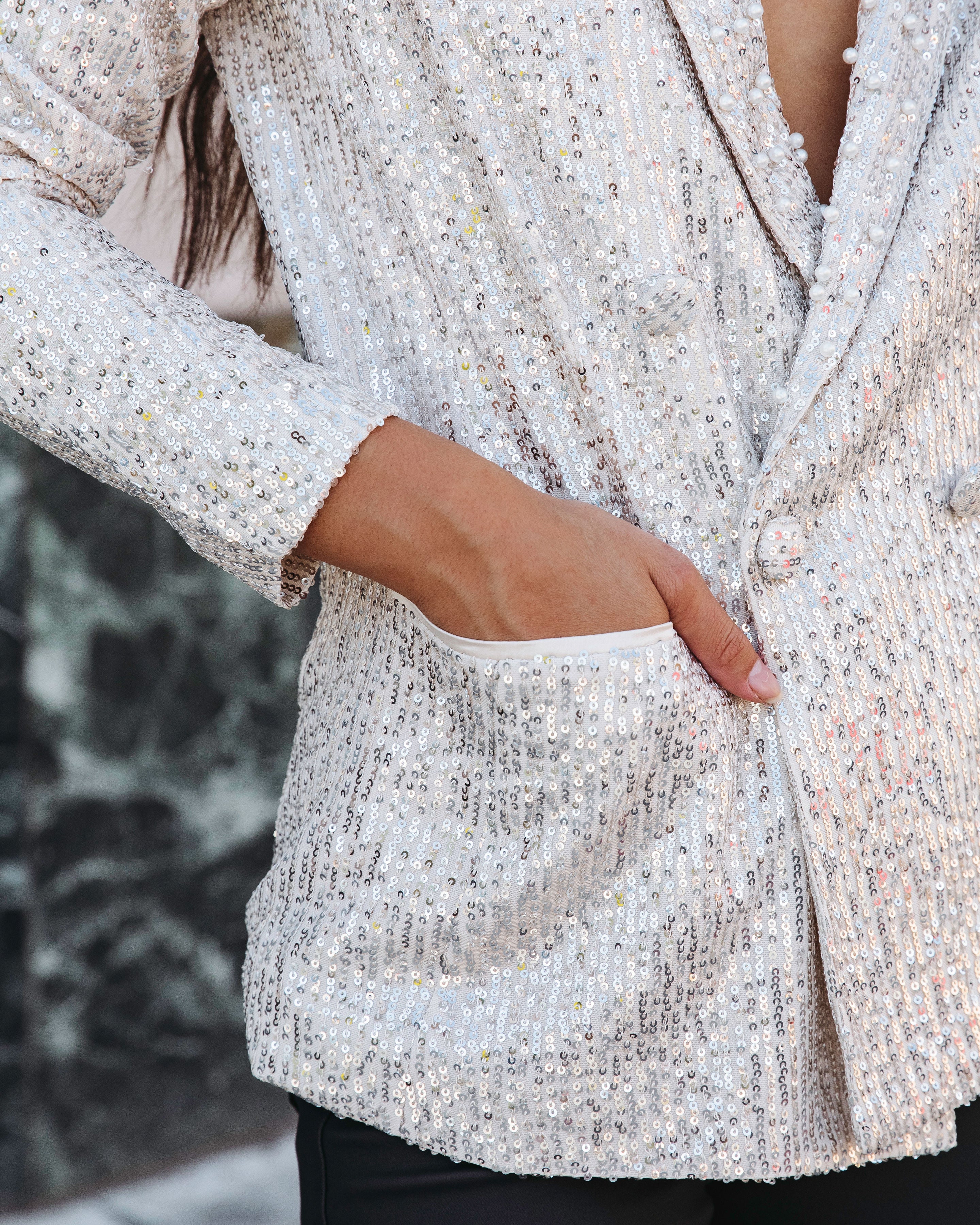 Friday Spotlight Pocketed Sequin Pearl Embellished Blazer - Silver