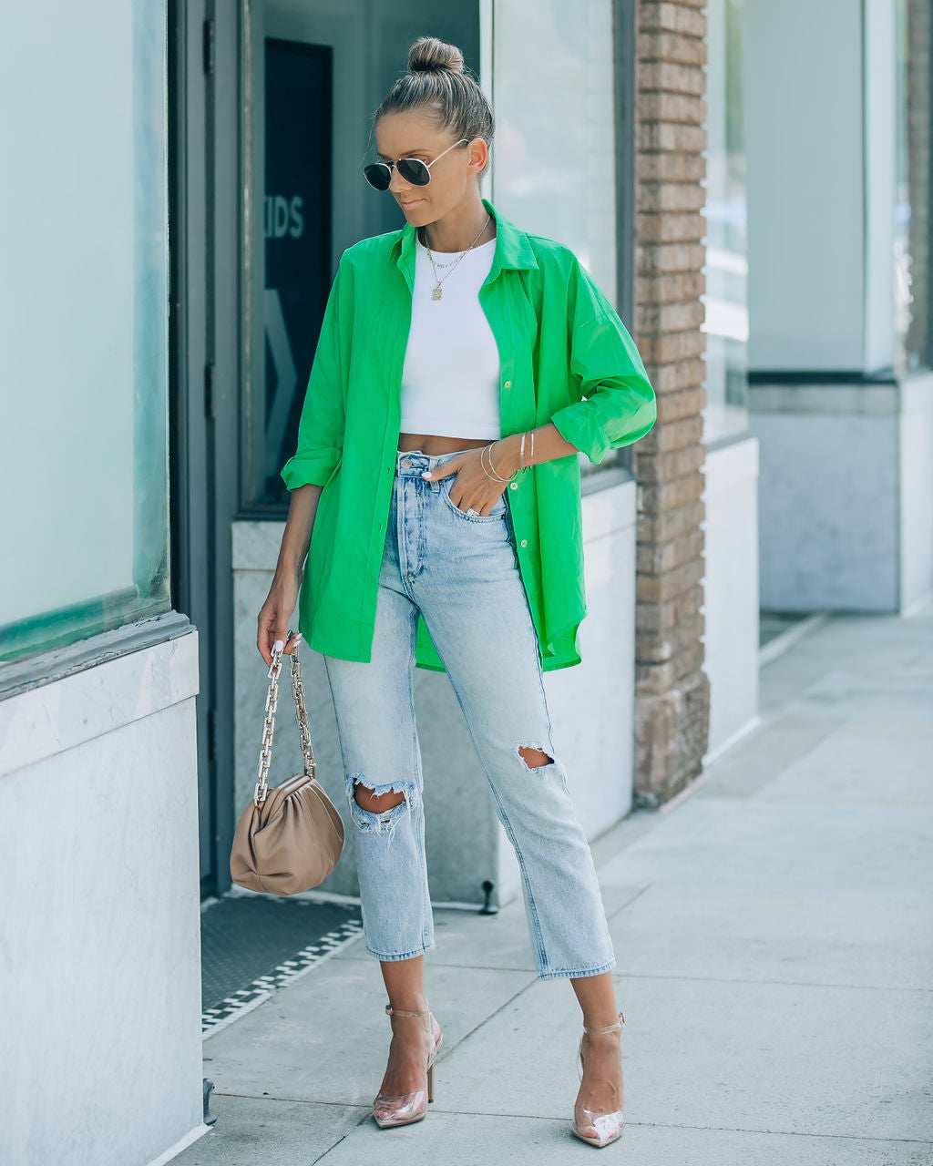 La Brisa Button Up Cotton Top - Kelly Green - SALE