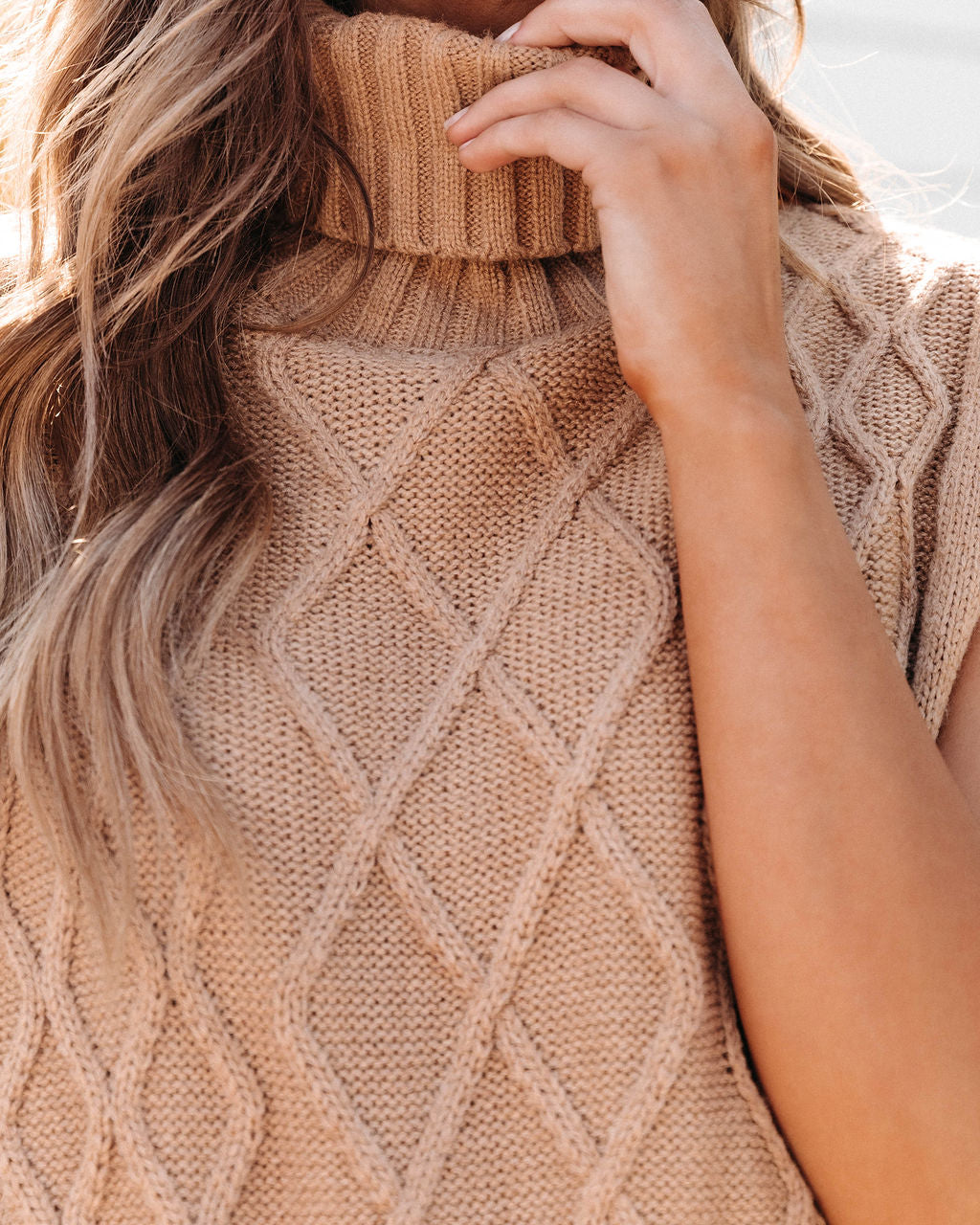Cassandra Cable Knit Turtleneck Sweater Vest - Latte