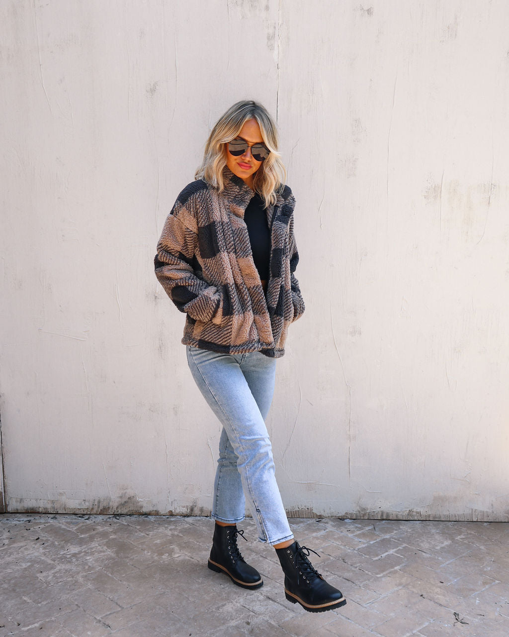 Bonfire Stories Plaid Pocketed Jacket - Beige/Black