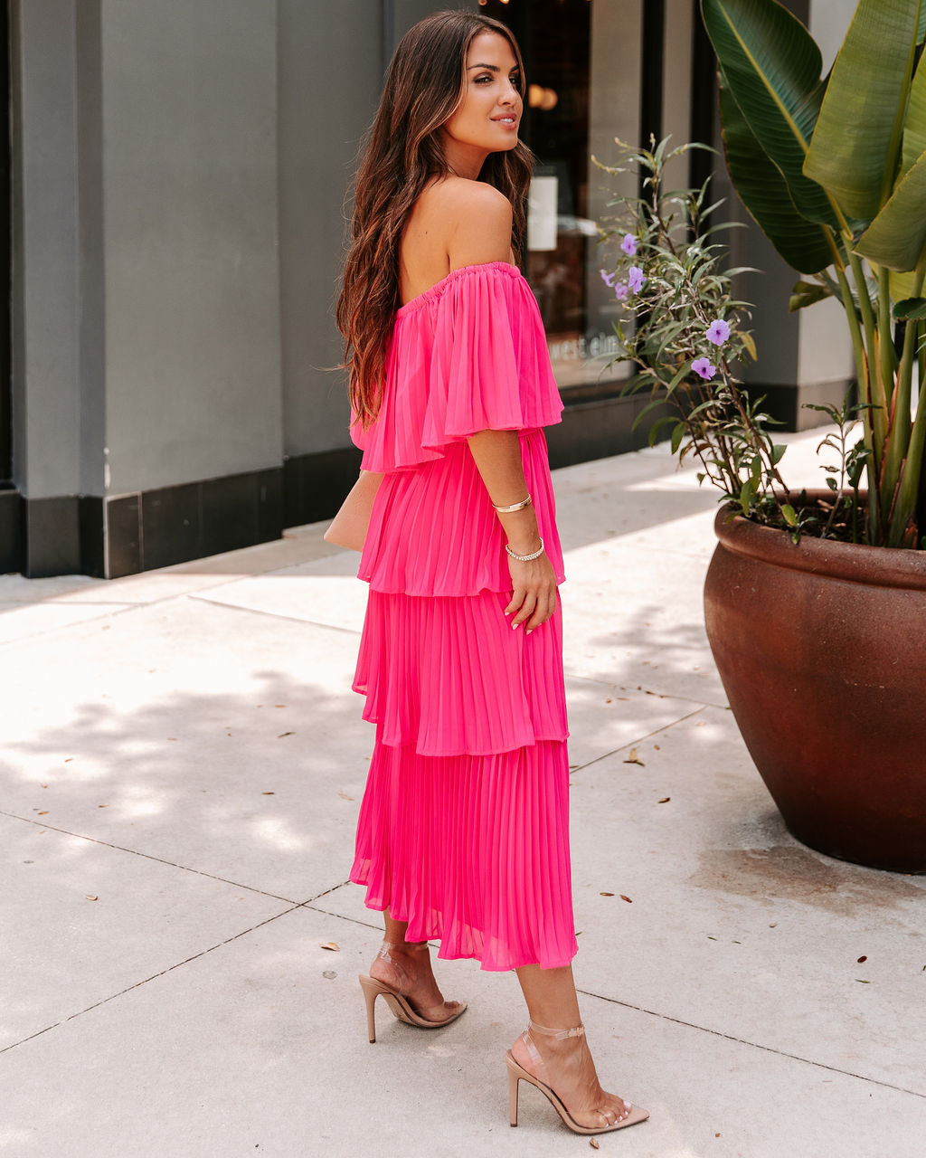 Simaria Pleated Tiered Midi Dress - Hot Pink - FINAL SALE