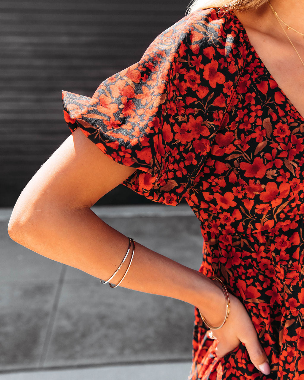 Picking Flowers Tiered Puff Sleeve Babydoll Dress - Black