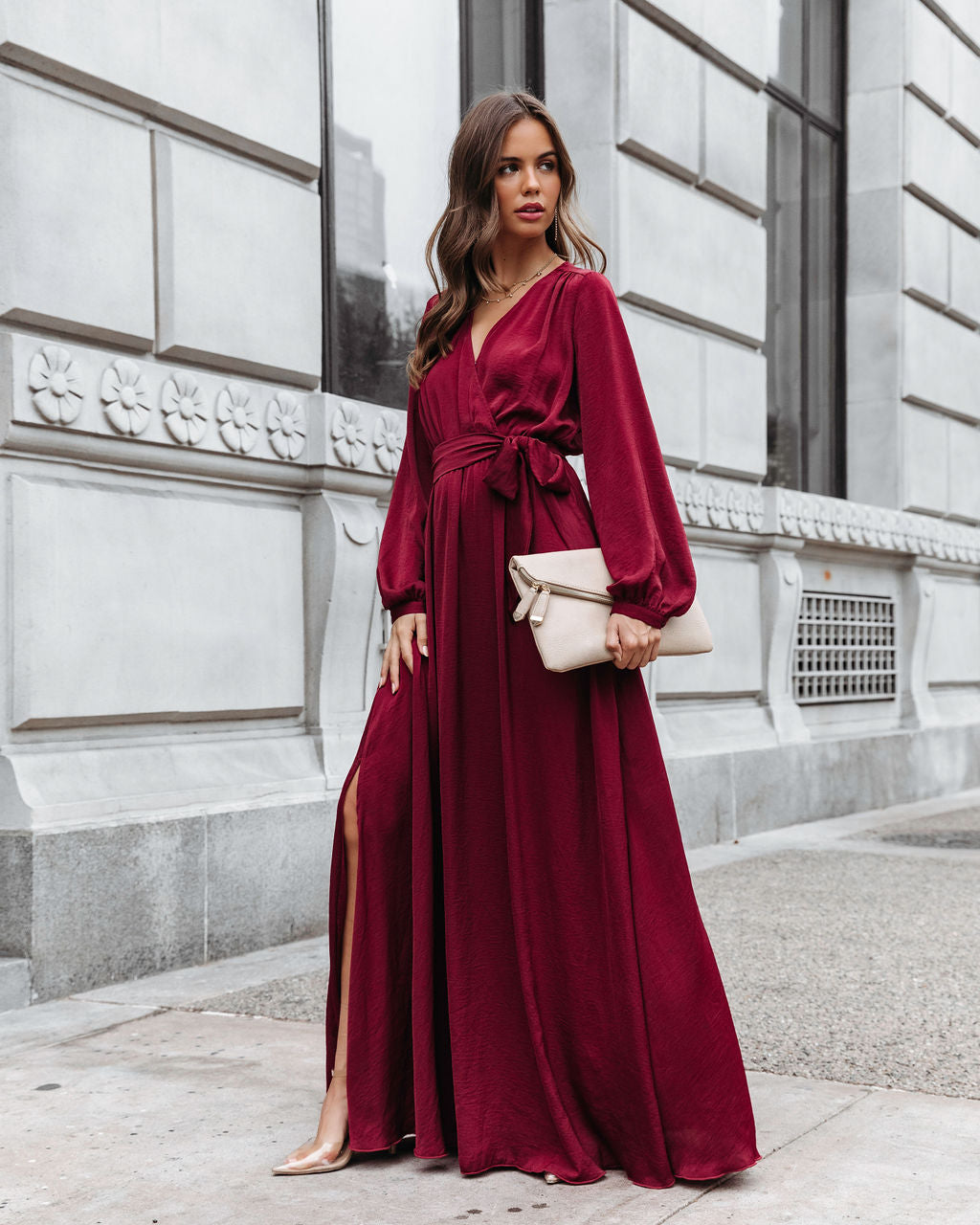 Belinda Satin Side Slit Maxi Dress - Burgundy