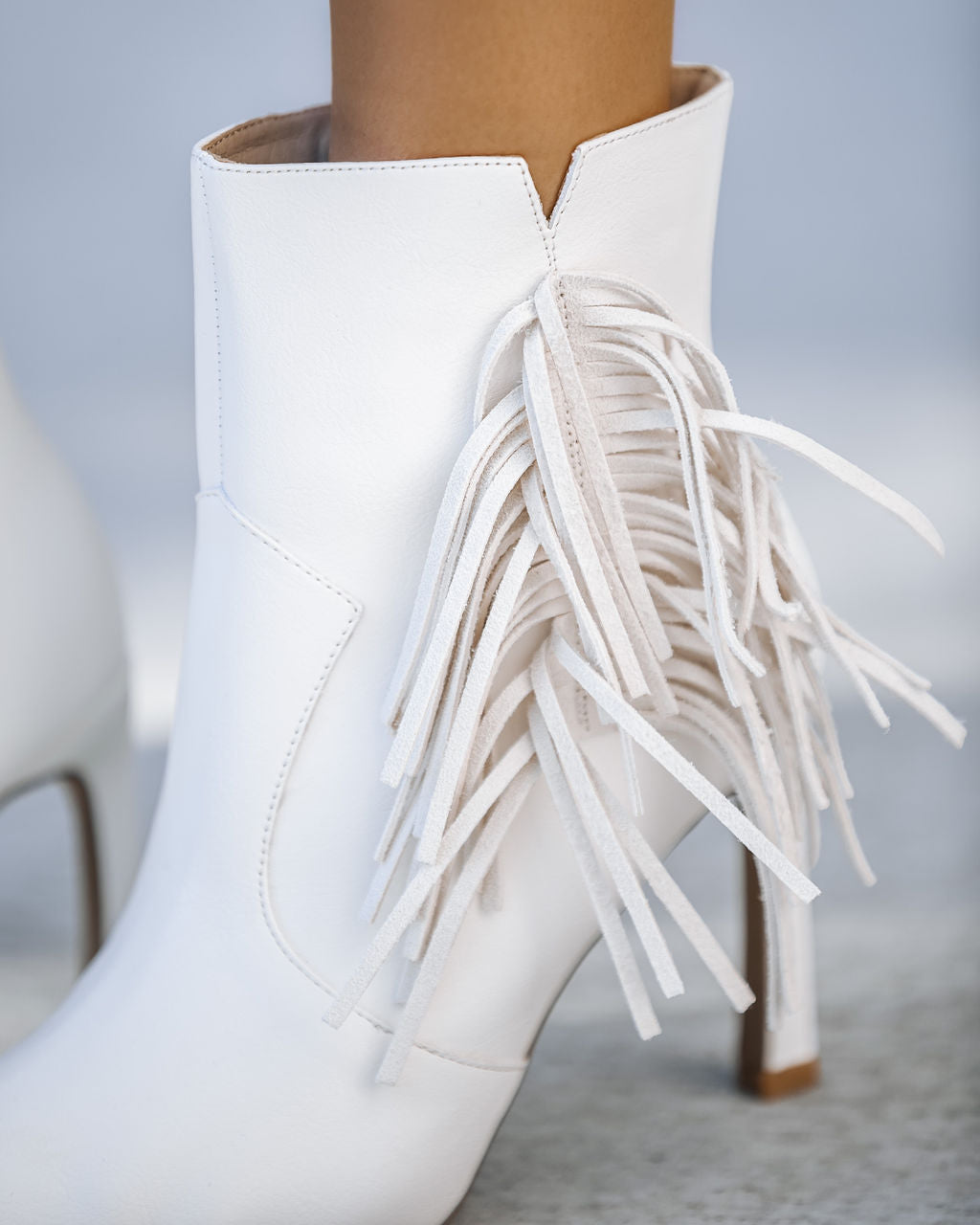Karson Faux Leather Heeled Fringe Bootie - White - SALE