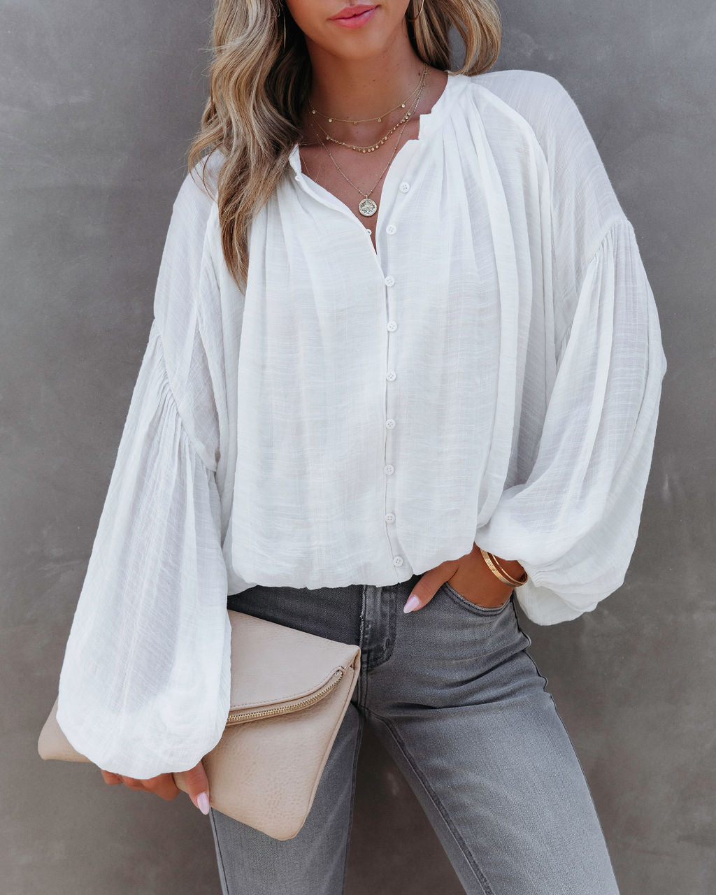 Bodhi Balloon Sleeve Button Up Top - White