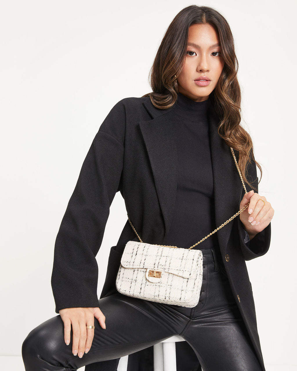 Amelia Crossbody Tweed Bag - White