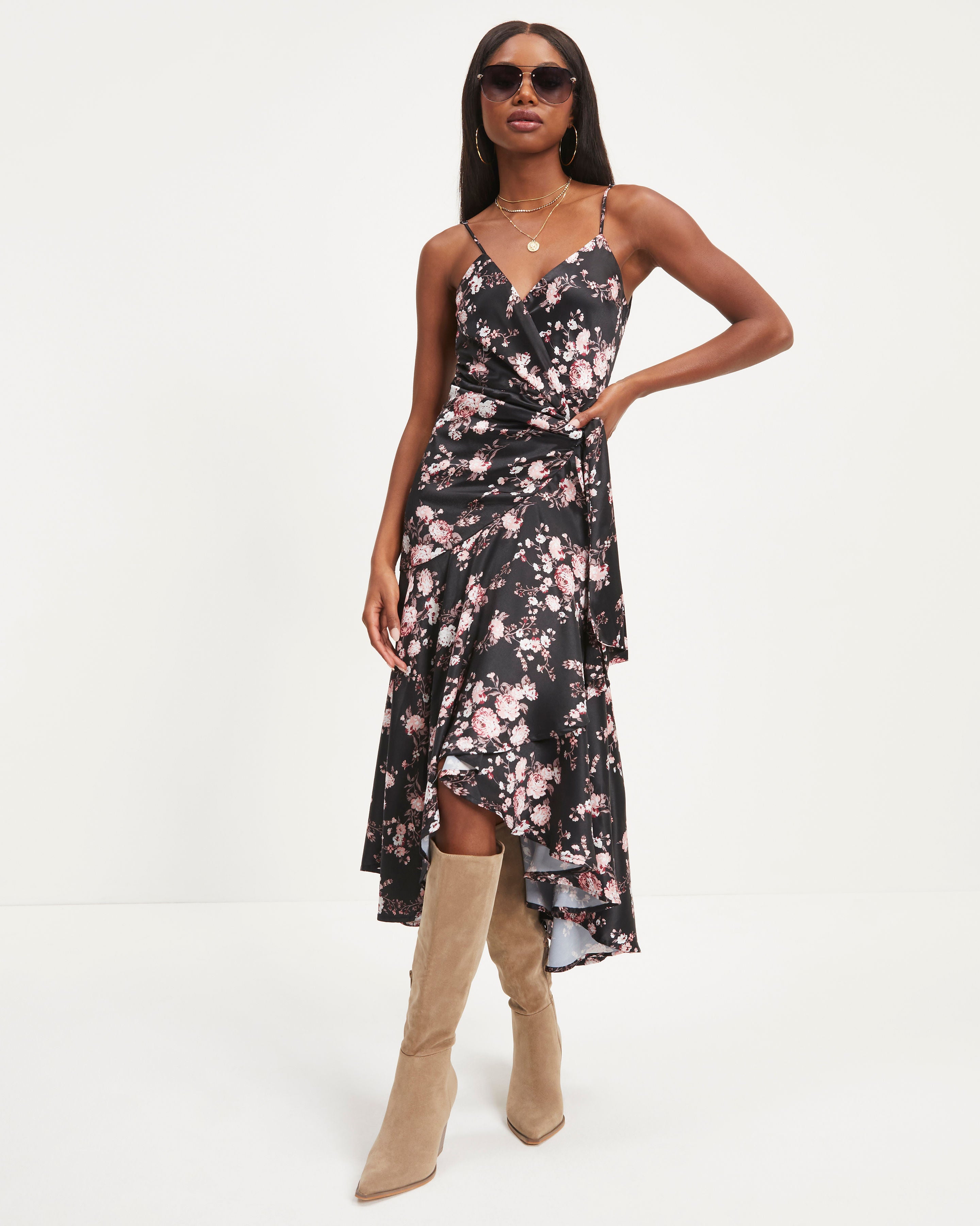Yountville Satin Floral Wrap Midi Dress