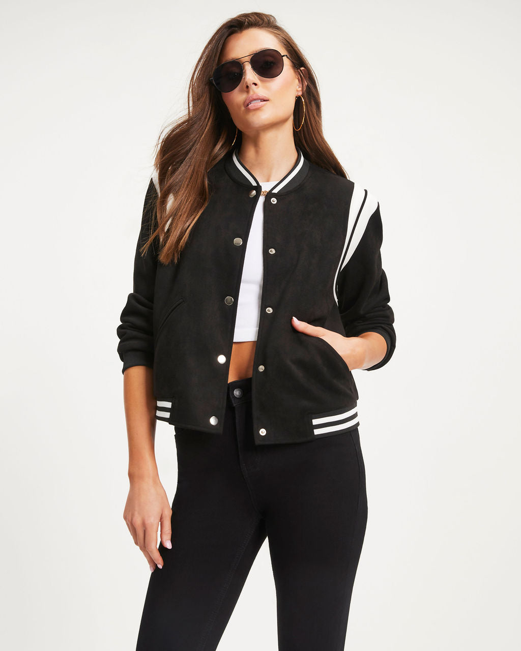 Cruz Pocketed Faux Suede Bomber Jacket - Black