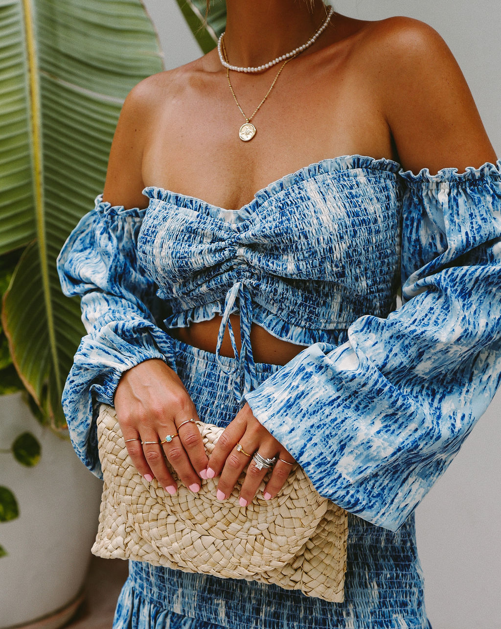 Blue Waves Off The Shoulder Smocked Crop Top - FINAL SALE