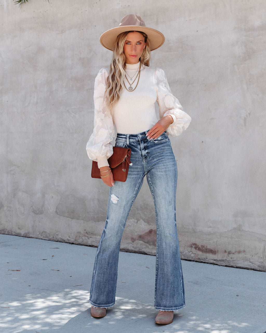 Antoinette Organza Knit Contrast Top - Cream - SALE