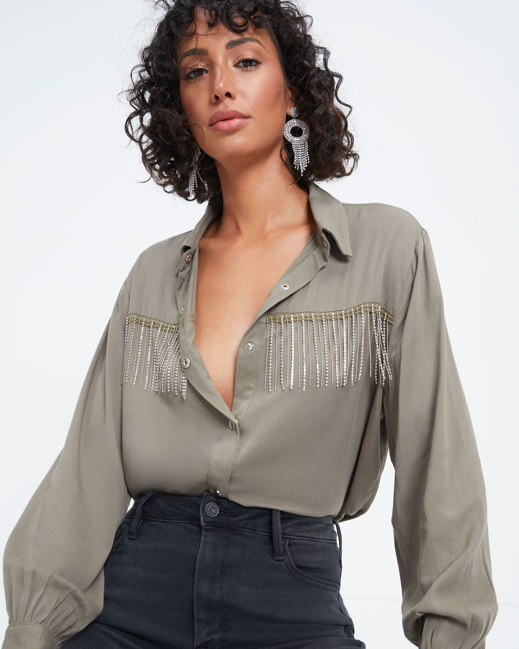 Dolly Glam Rhinestone Fringe Button Down Top - Olive