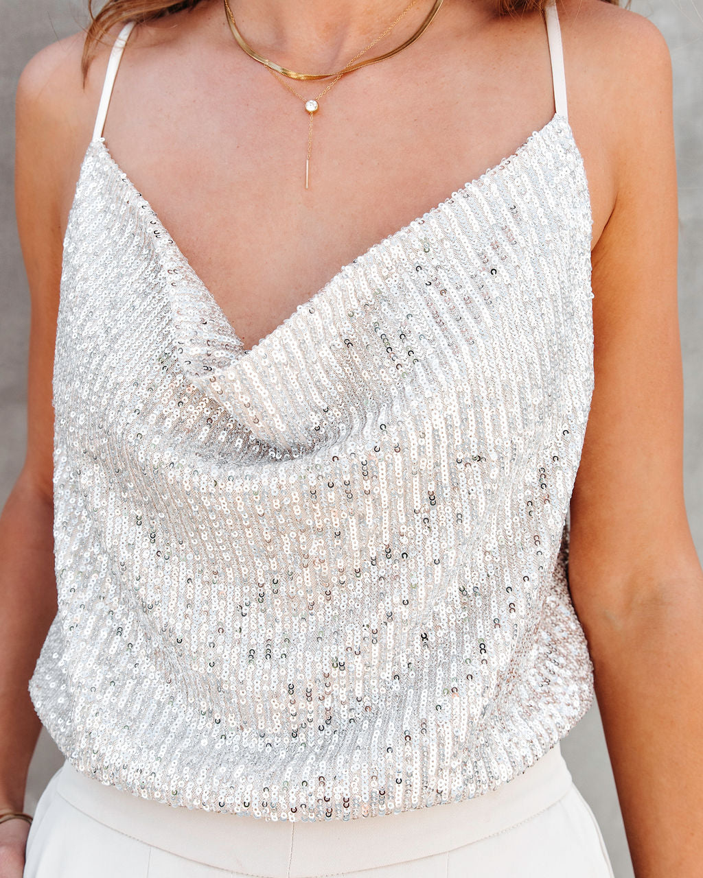 Trendsetting Diva Sequin Cowl Neck Top - Silver