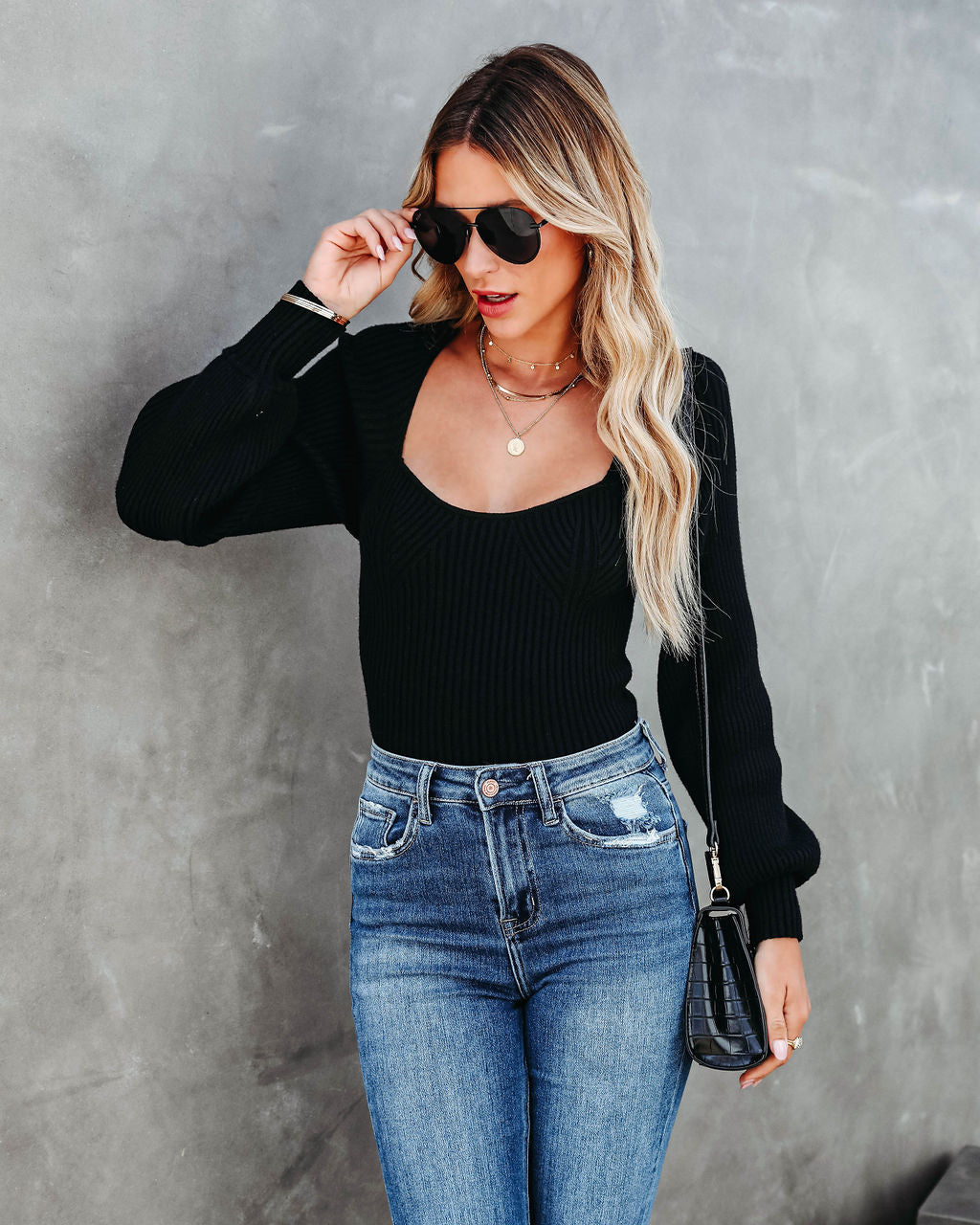 So Much More Knit Balloon Sleeve Top - Black