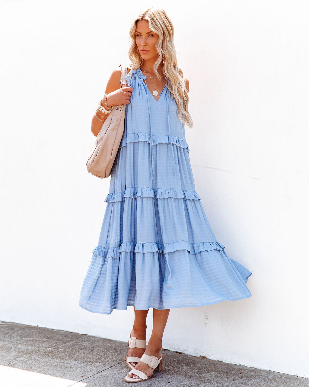 Ballard Cotton Blend Pocketed Tiered Midi Dress - Chambray Blue - FINAL SALE