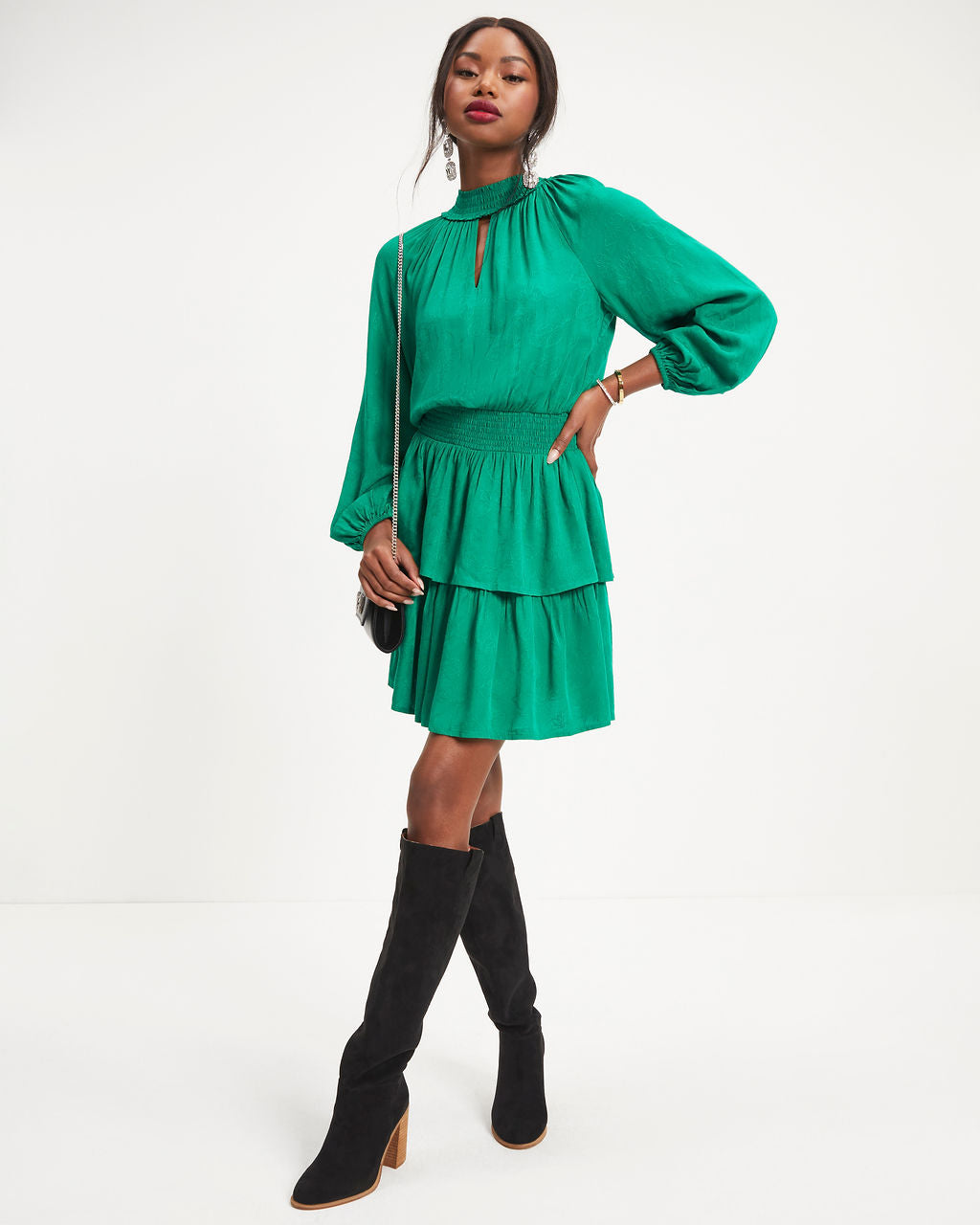 Under The Mistletoe Cutout Tiered Mini Dress - Green